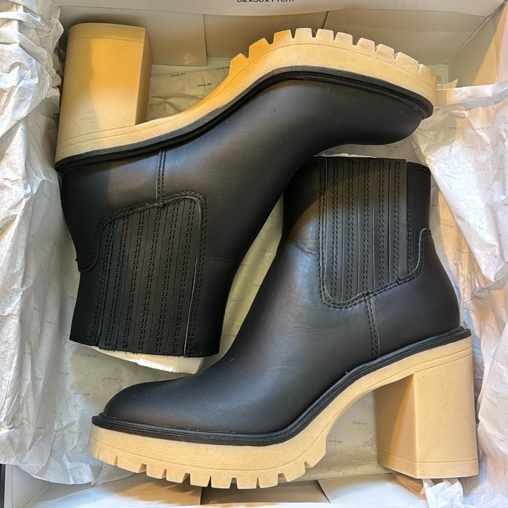 Dolce Vita Black Leather Heeled Chelsea Boots with Tan Lug Sole